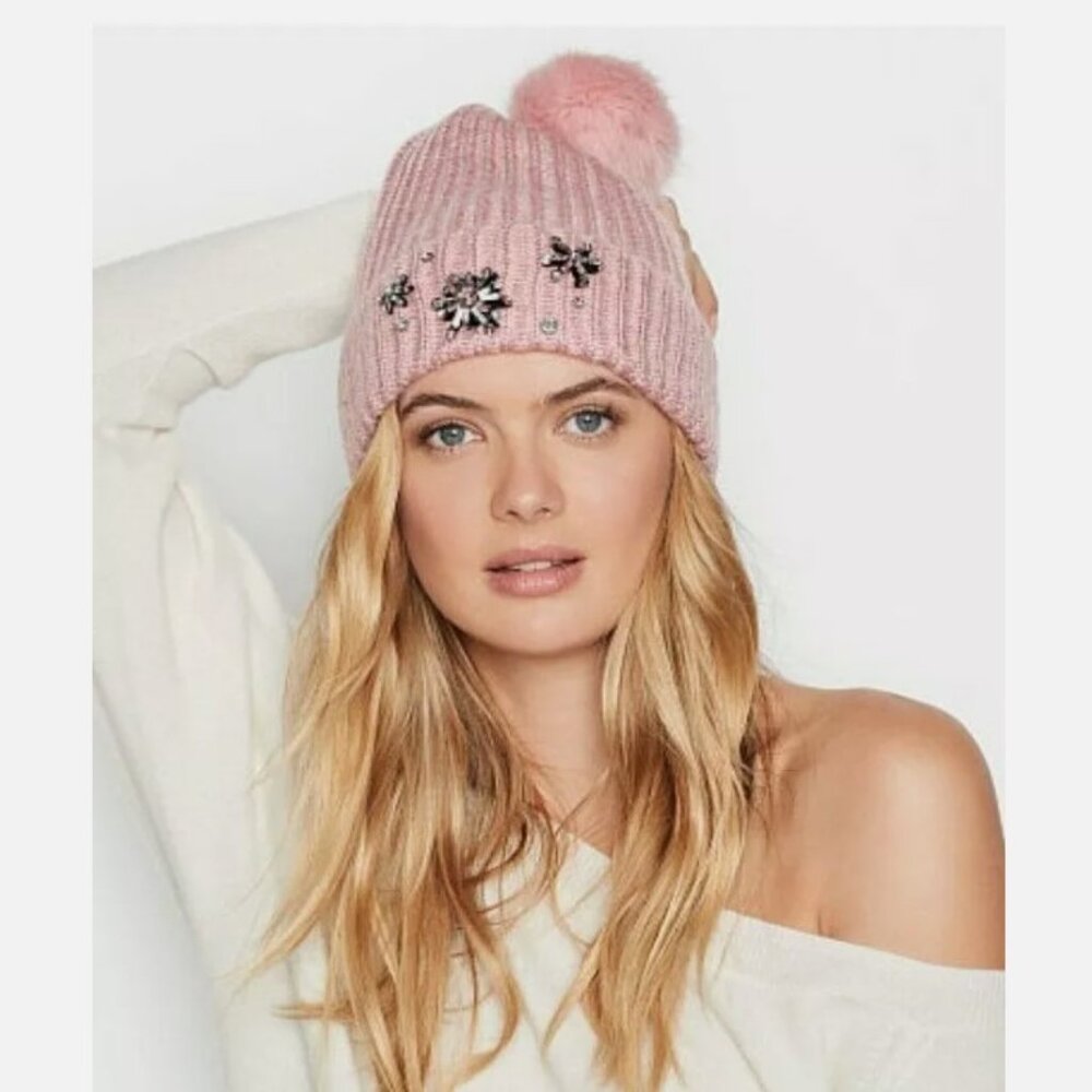 New Victoria's Secret Hat Snowflake Sparkle Pom Jewels Beanie Blush Pink NWT